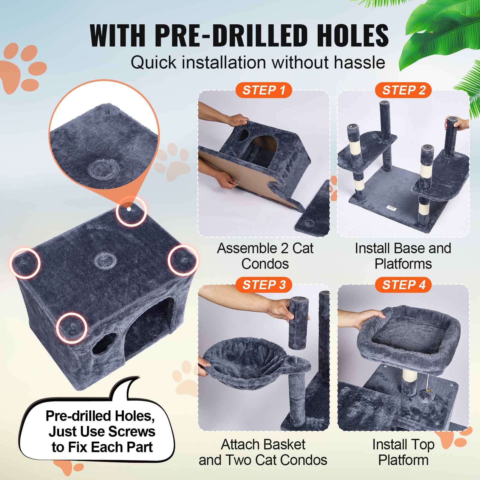 VEVOR Árbol para Gatos 174cm Torre de Escalada para Gatos con Rascador de Sisal 2 Casetas Hamaca Percha Superior Plataformas de Salto Bolas Colgantes para Actividad en Interior, Gris Oscuro