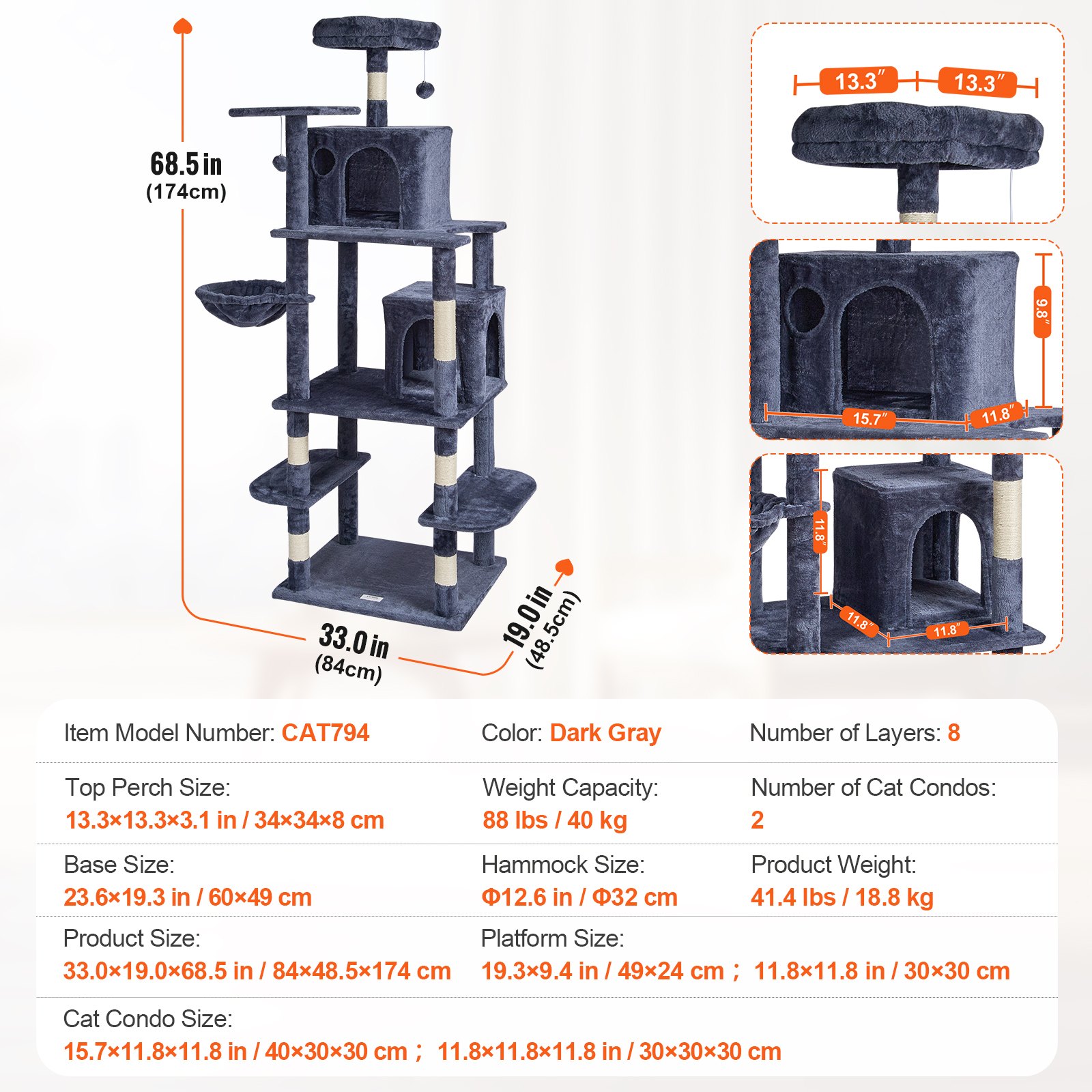 VEVOR Árbol para Gatos 174cm Torre de Escalada para Gatos con Rascador de Sisal 2 Casetas Hamaca Percha Superior Plataformas de Salto Bolas Colgantes para Actividad en Interior, Gris Oscuro