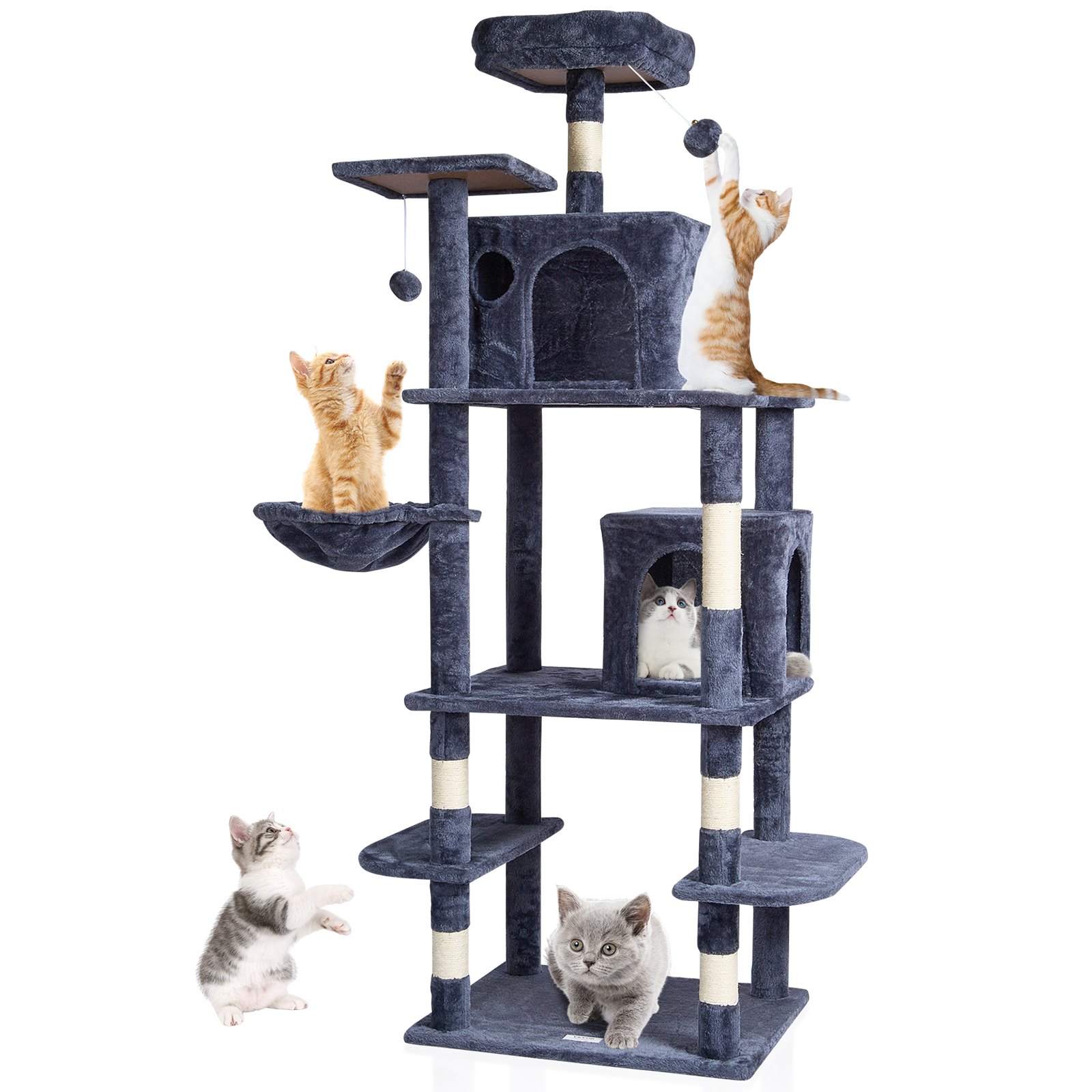 VEVOR Árbol para Gatos 174cm Torre de Escalada para Gatos con Rascador de Sisal 2 Casetas Hamaca Percha Superior Plataformas de Salto Bolas Colgantes para Actividad en Interior, Gris Oscuro