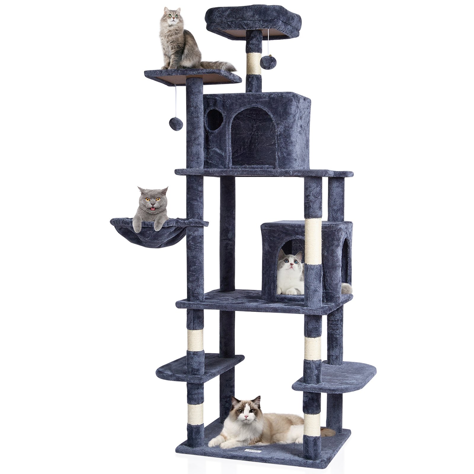 VEVOR Árbol para Gatos 174cm Torre de Escalada para Gatos con Rascador de Sisal 2 Casetas Hamaca Percha Superior Plataformas de Salto Bolas Colgantes para Actividad en Interior, Gris Oscuro