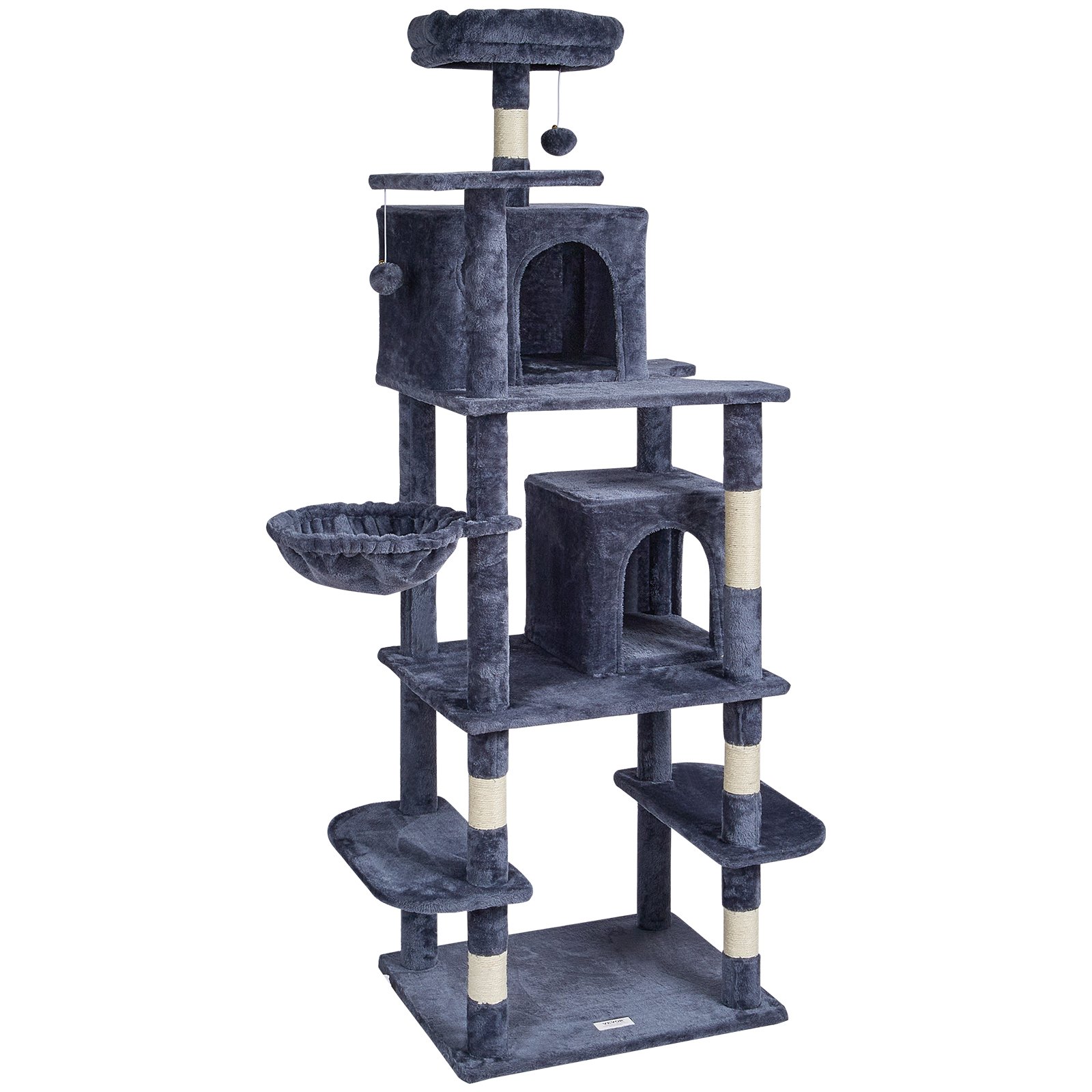 VEVOR Árbol para Gatos 174cm Torre de Escalada para Gatos con Rascador de Sisal 2 Casetas Hamaca Percha Superior Plataformas de Salto Bolas Colgantes para Actividad en Interior, Gris Oscuro