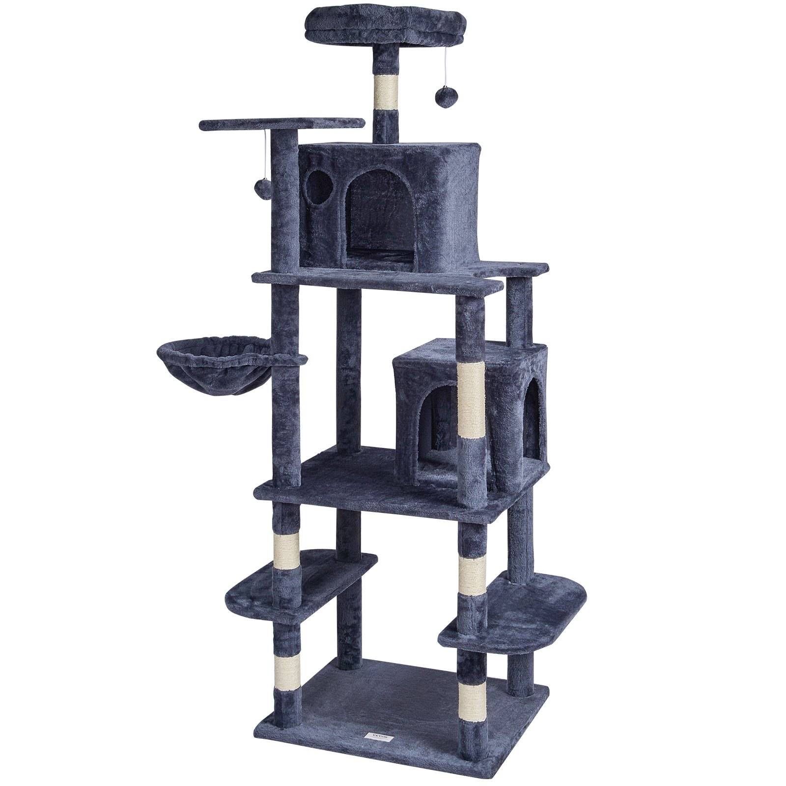 VEVOR Árbol para Gatos 174cm Torre de Escalada para Gatos con Rascador de Sisal 2 Casetas Hamaca Percha Superior Plataformas de Salto Bolas Colgantes para Actividad en Interior, Gris Oscuro