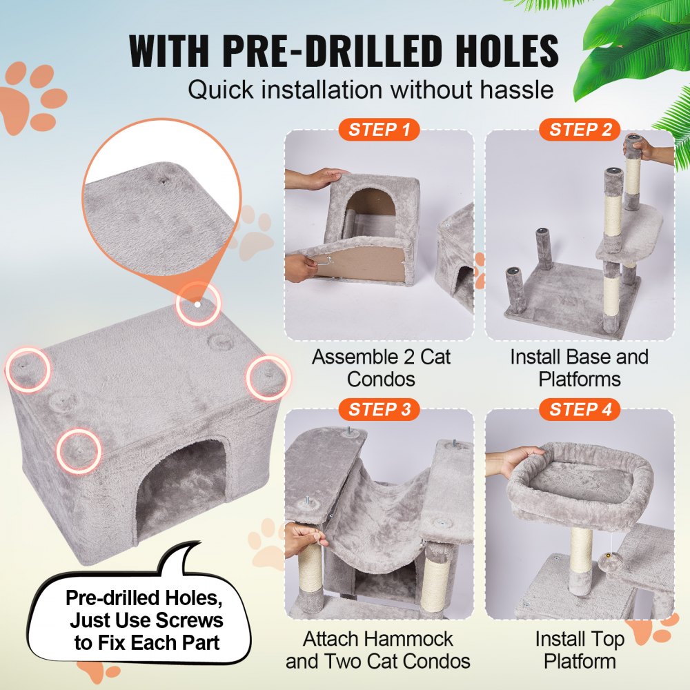 VEVOR Árbol para Gatos 183cm Torre de Escalada para Gatos con Rascador de Sisal 2 Casetas Hamaca Percha Superior Plataformas de Salto bola colgante para Actividades de Gatos en Interior, Gris Claro