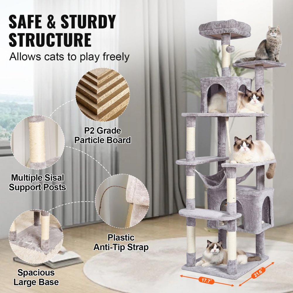 VEVOR Árbol para Gatos 183cm Torre de Escalada para Gatos con Rascador de Sisal 2 Casetas Hamaca Percha Superior Plataformas de Salto bola colgante para Actividades de Gatos en Interior, Gris Claro