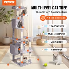 VEVOR Torre Interior Árbol para Gatos 183 cm con Rascador 2 Casitas, Gris Claro