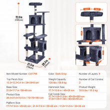 VEVOR Torre Interior Árbol para Gatos 183 cm con Rascador 2 Casitas, Gris Oscuro