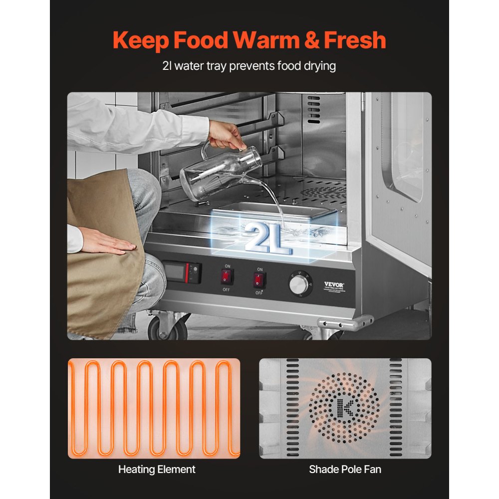 VEVOR Calentador de Alimentos Tipo Caja Caliente, 16 Niveles con Bandeja de Agua, Puerta Única de Vidrio y Estantes Ajustables, Acero Inoxidable, Ideal para Almacenar Pizza, Pollo, Restaurante, 1800 W
