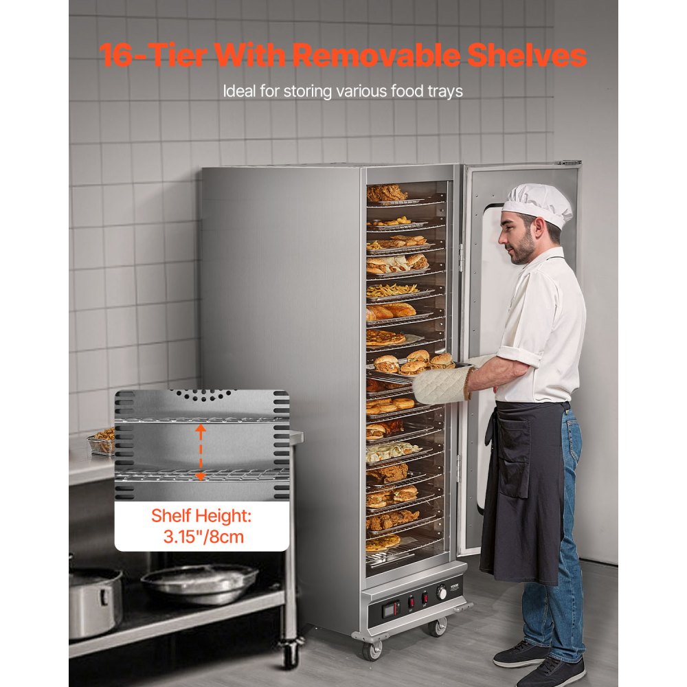 VEVOR Calentador de Alimentos Tipo Caja Caliente, 16 Niveles con Bandeja de Agua, Puerta Única de Vidrio y Estantes Ajustables, Acero Inoxidable, Ideal para Almacenar Pizza, Pollo, Restaurante, 1800 W