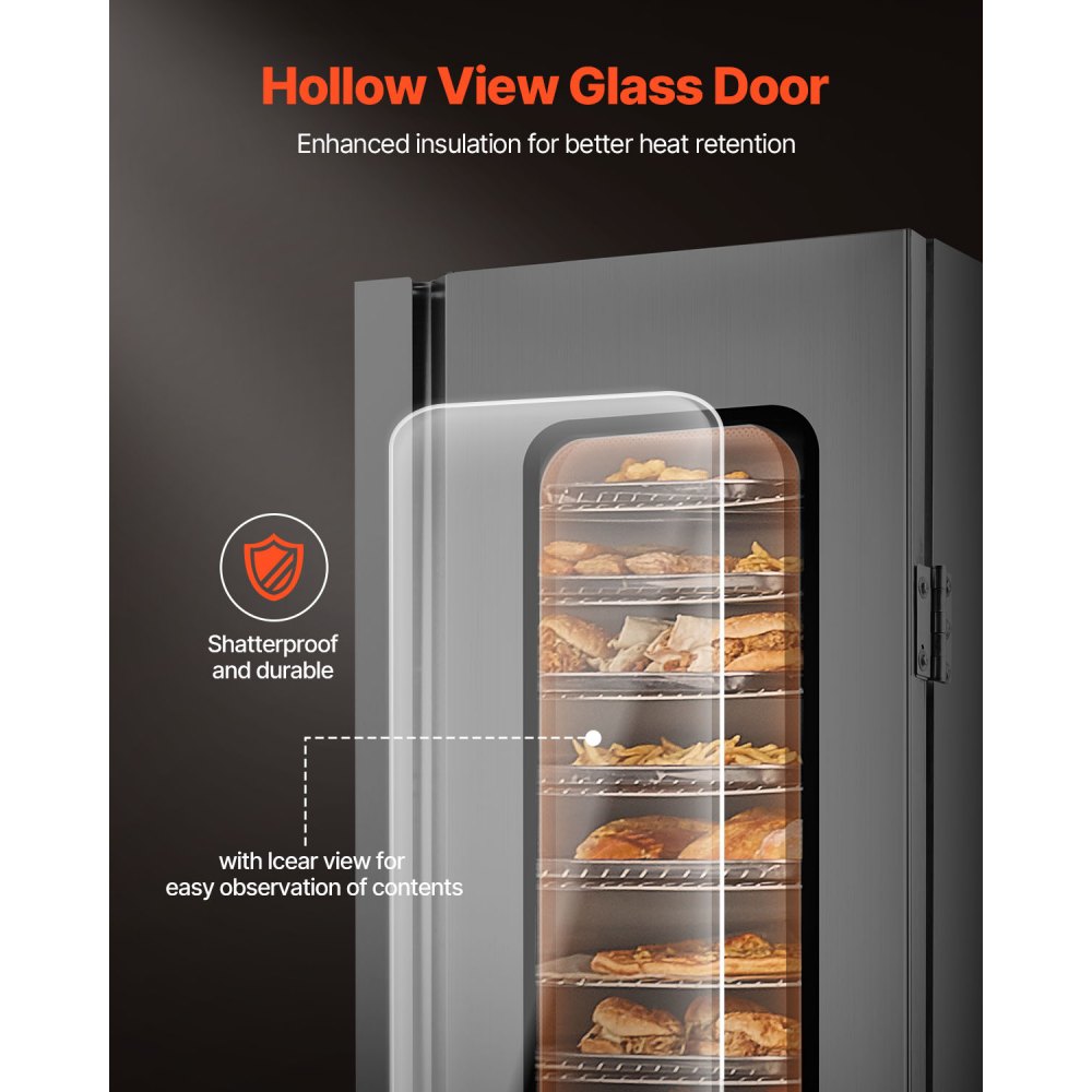 VEVOR Calentador de Alimentos Tipo Caja Caliente, 16 Niveles con Bandeja de Agua, Puerta Única de Vidrio y Estantes Ajustables, Acero Inoxidable, Ideal para Almacenar Pizza, Pollo, Restaurante, 1800 W