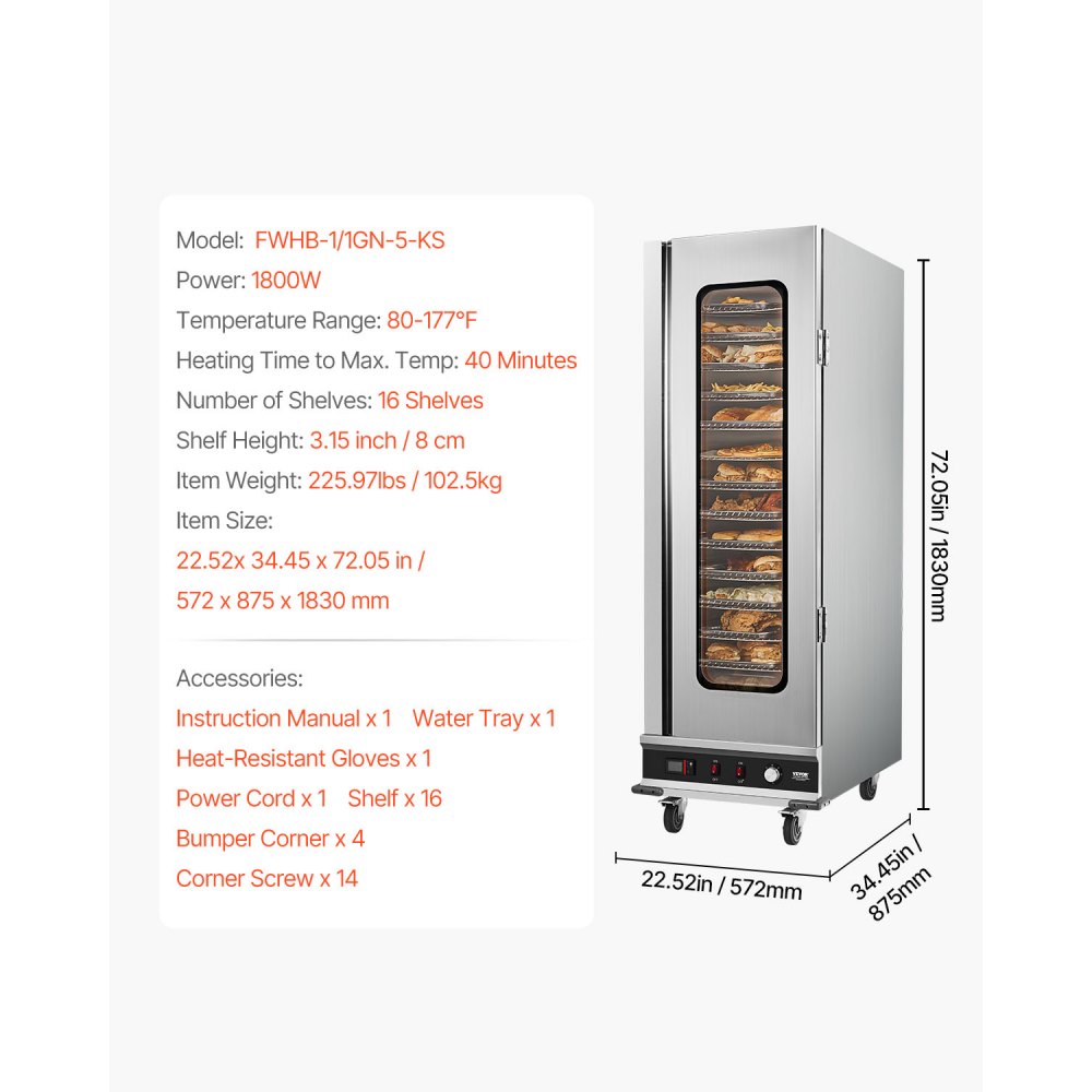 VEVOR Calentador de Alimentos Tipo Caja Caliente, 16 Niveles con Bandeja de Agua, Puerta Única de Vidrio y Estantes Ajustables, Acero Inoxidable, Ideal para Almacenar Pizza, Pollo, Restaurante, 1800 W