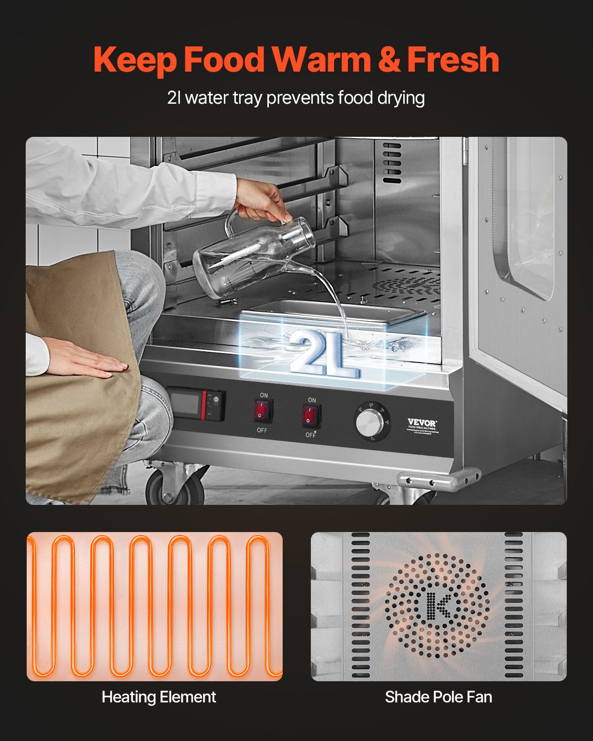 VEVOR Calentador de Alimentos Tipo Caja Caliente, 16 Niveles con Bandeja de Agua, Puerta Única de Vidrio y Estantes Ajustables, Acero Inoxidable, Ideal para Almacenar Pizza, Pollo, Restaurante, 1800 W