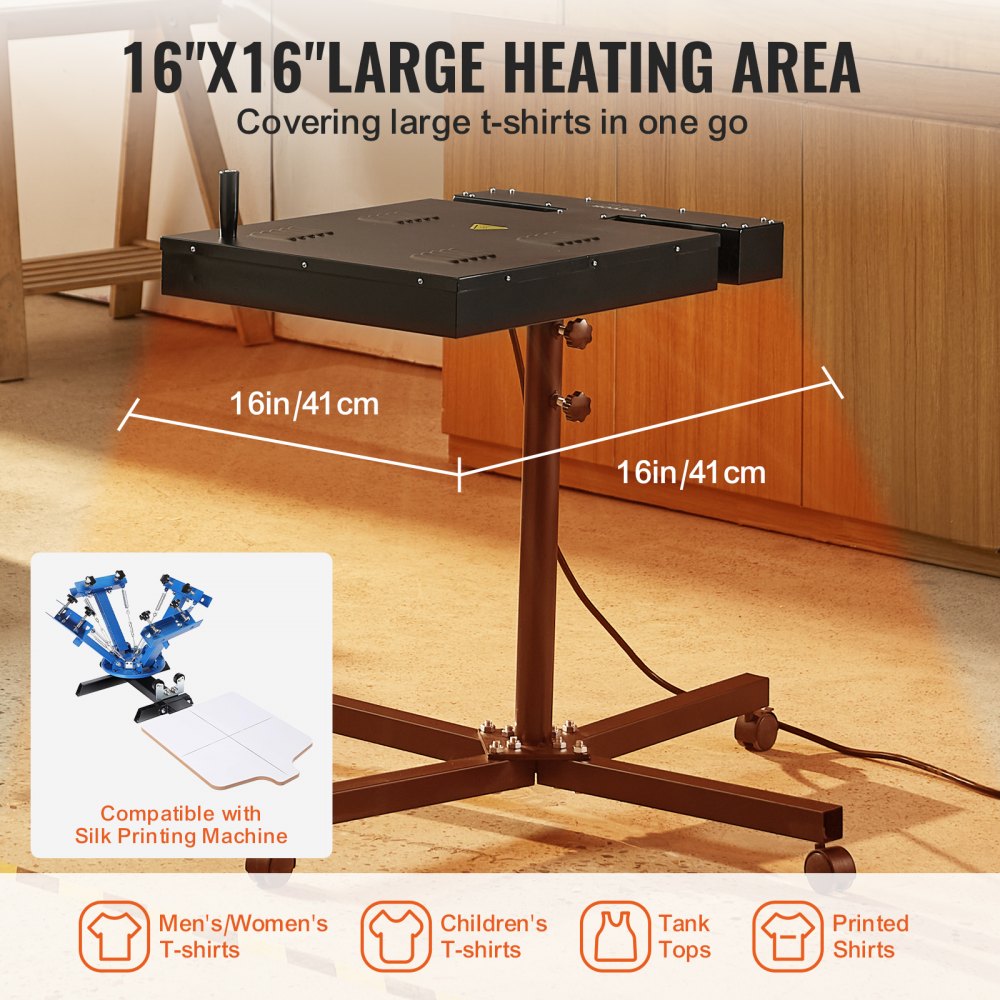 VEVOR Secador Flash para Serigrafía 41 x 41 cm Secador de Serigrafía de Alta Potencia con Soporte de Altura Ajustable Rotación de 360° Base en Forma de X Máquina de Curado de Camisetas