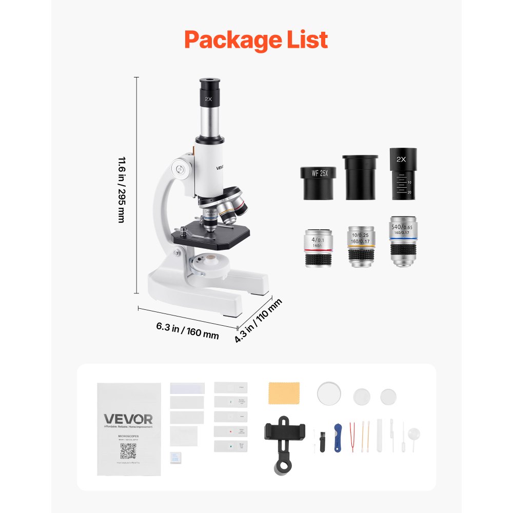 VEVOR Microscopio Compuesto con Aumento de 40-2000X Kit de Microscopio Monocular Cuerpo de Aleación de Aluminio con Luz LED, Soporte para Teléfono Móvil, para Estudiantes, Laboratorio, Escuela