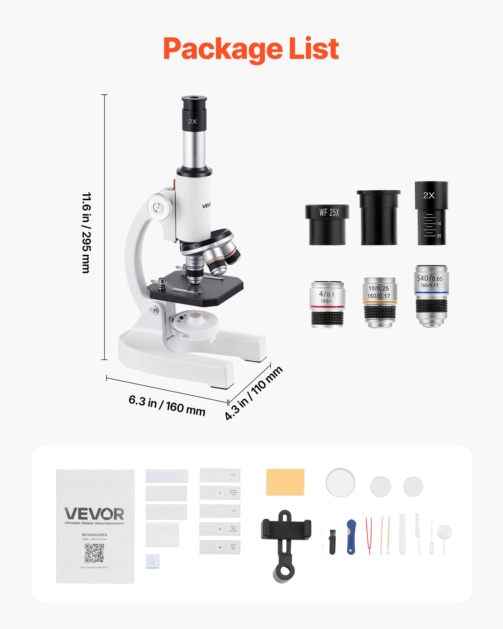 VEVOR Microscopio Compuesto con Aumento de 40-2000X Kit de Microscopio Monocular Cuerpo de Aleación de Aluminio con Luz LED, Soporte para Teléfono Móvil, para Estudiantes, Laboratorio, Escuela