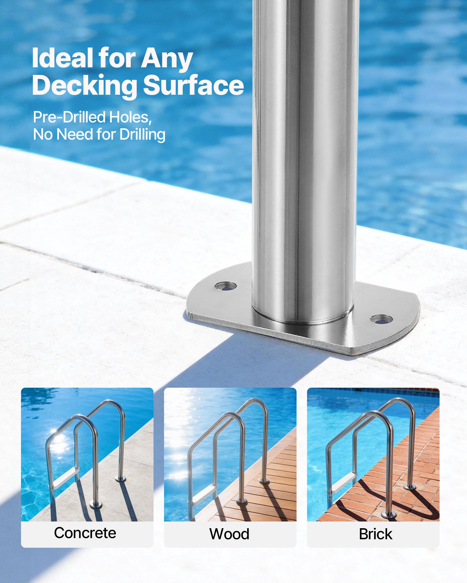 VEVOR Escalera para Piscina de 3 Peldaños Anchos Hasta 120 kg, Escalera de Seguridad Antideslizante de Acero Inoxidable con Pasamanos Ergonómicos para Piscinas Enterradas y Elevadas de 121,9-137,2 cm