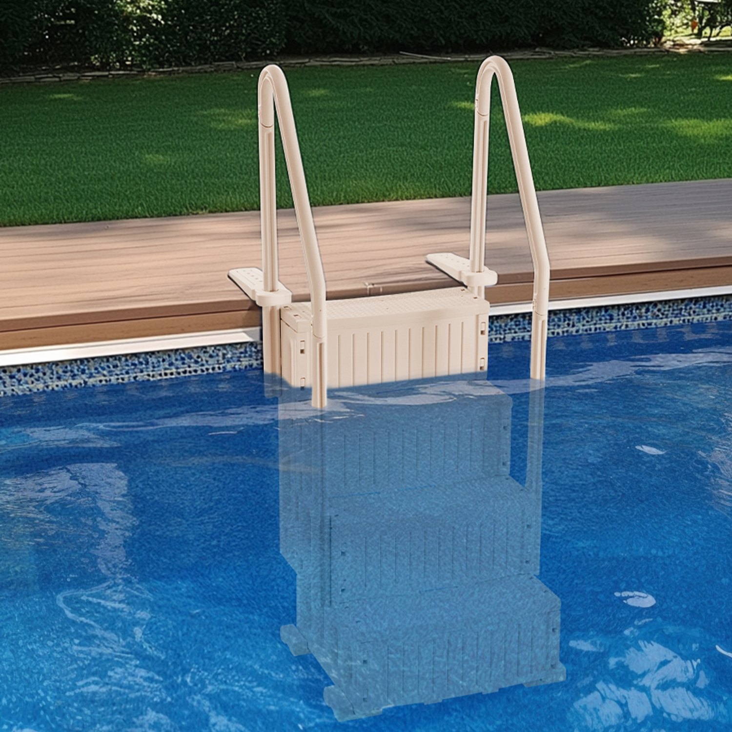 VEVOR swimming pool ladder, 4-step staircase with double handrail and non-slip heavy-duty steps, maximum load capacity 181 kg, for 122-137 cm pools with any deck surface, taupe