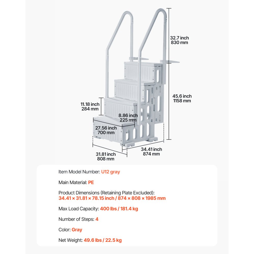VEVOR Swimming Pool Ladder, 4-Step Staircase with Double Handrail & Non-Slip Heavy-Duty Steps, 180 kg Load Capacity, for 122-137 cm Built-in & Above Ground Pools with Any Terrace Surface