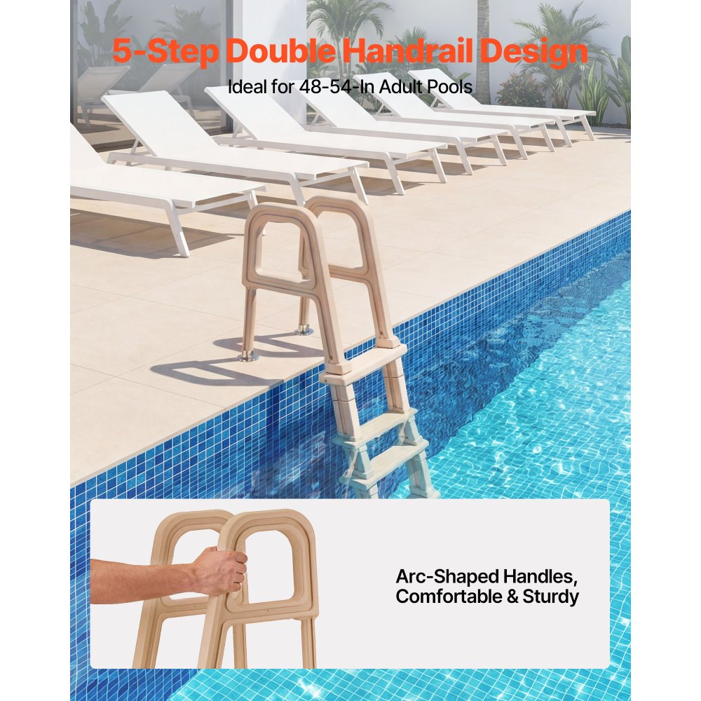 VEVOR Escalera para Piscina de 5 Peldaños Anchos Hasta 136kg, Escalera de Seguridad de PE en Ángulo de 75° Antideslizante con Pasamanos Ergonómicos para Piscinas Elevadas y Enterradas de 121,9-137,2cm