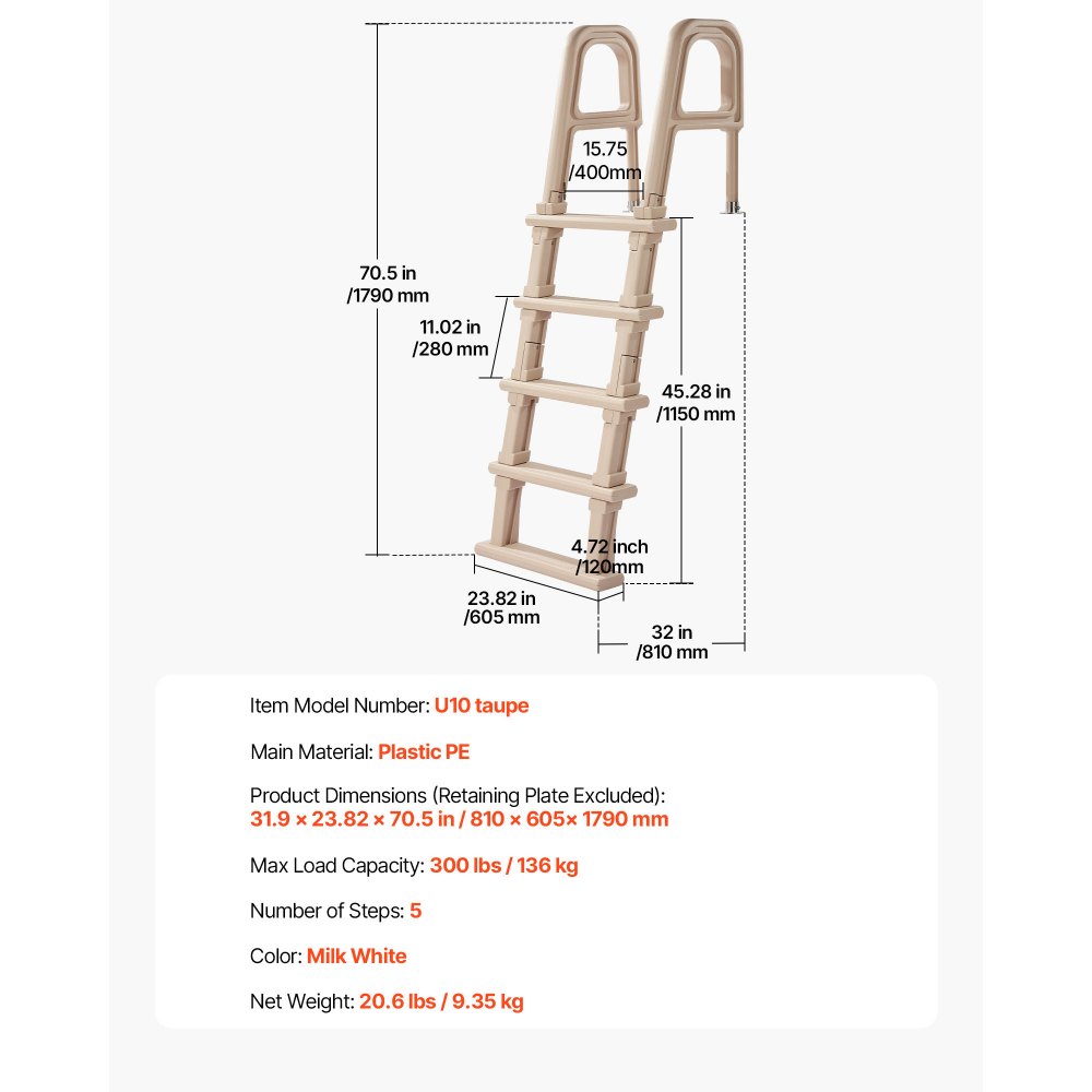 VEVOR Escalera para Piscina de 5 Peldaños Anchos Hasta 136kg, Escalera de Seguridad de PE en Ángulo de 75° Antideslizante con Pasamanos Ergonómicos para Piscinas Elevadas y Enterradas de 121,9-137,2cm
