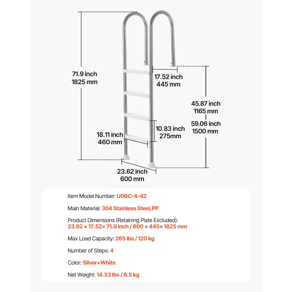VEVOR Escalera para Piscina, 4 Escalones con Pasamanos Dobles y Escalones, Acero Inoxidable, Carga de 120 kg, para Piscinas Enterradas con Plataforma Montada, 600 x 445 x 1825 mm, Plata + Blanco