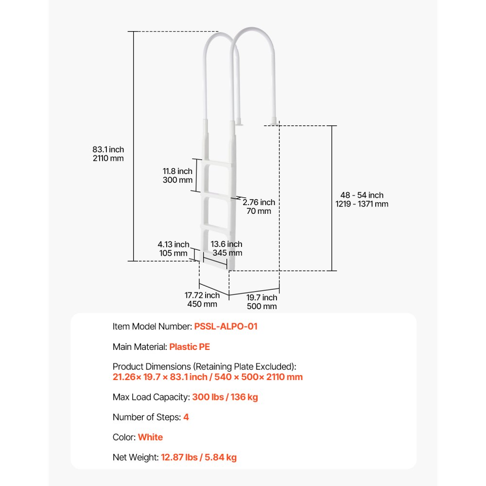 VEVOR Pool Ladder, 4-Step Staircase with Double Handrail, Pool Entry, 136 kg Load Capacity, for 122-137 cm In-Ground and Above-Ground Pools on Any Deck Surface, Indoors and Outdoors