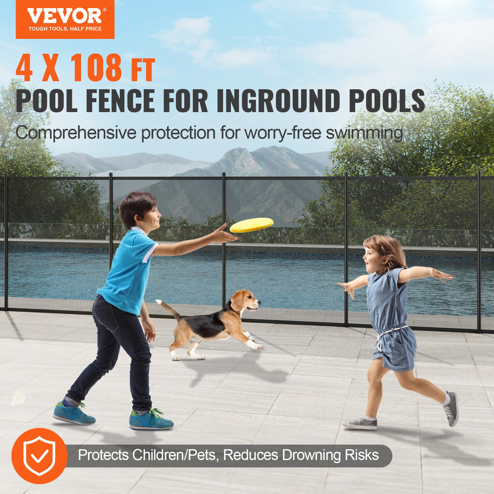 VEVOR Pool Fence 1.21 x 32.91 m, Removable Child Safety Fence, Easy Self-Installation Swimming Pool Fence, 340 g Teslin PVC Pool Fence Net Protects Children and Pets