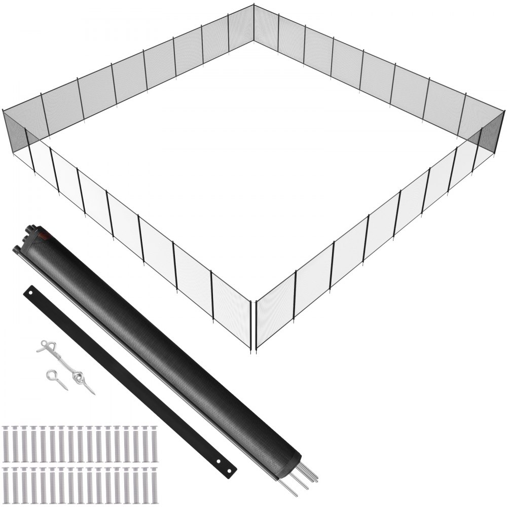 Valla de piscina VEVOR con paneles de malla negra, kit de instalación y accesorios de hardware visibles.