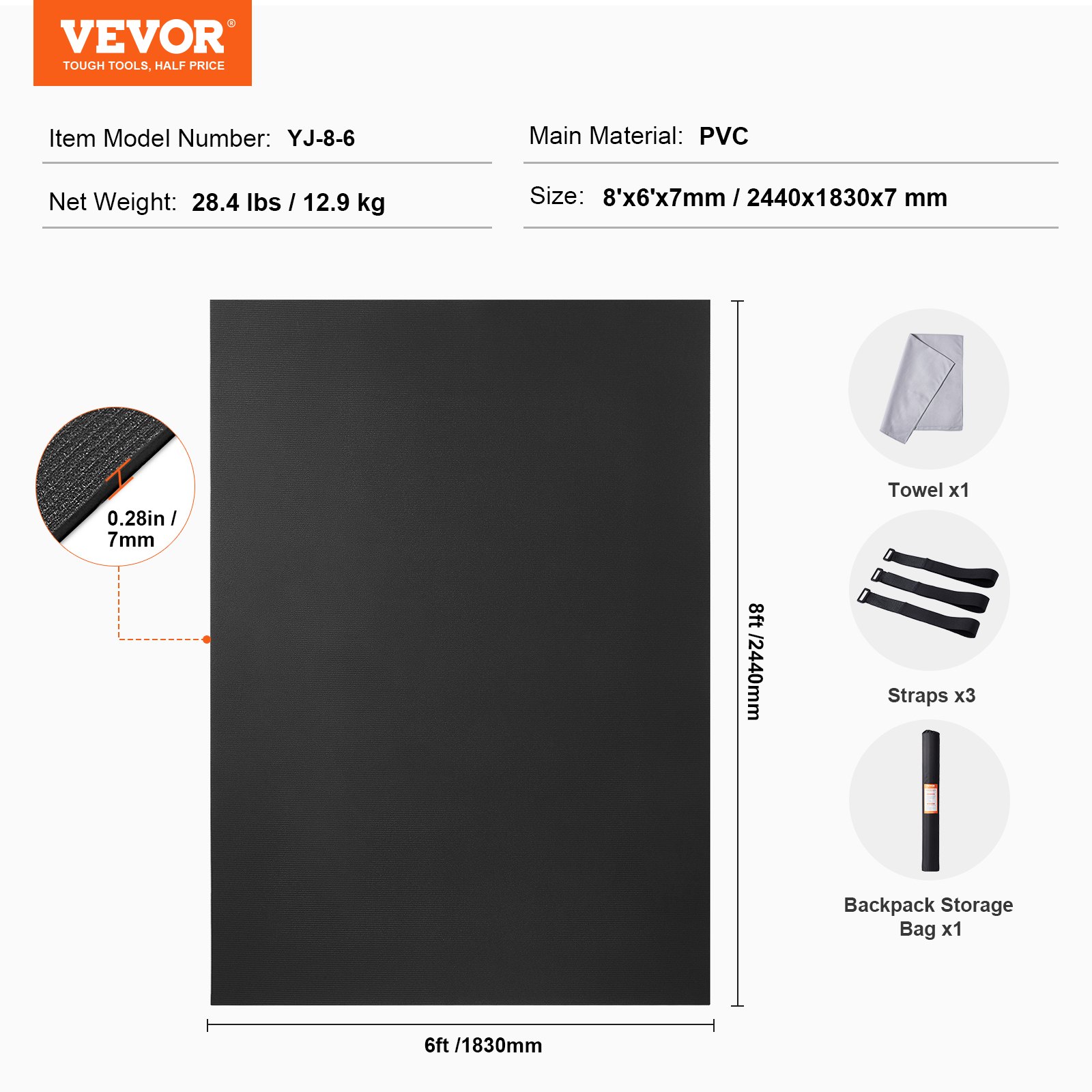 VEVOR Esterilla de Yoga Antideslizante de Alta Densidad para Hombres y Mujeres Estera de Fitness y Ejercicio con Bolsa y Correa de Transporte para Yoga en Casa, Pilates y Entrenamiento, 2440x1830 mm