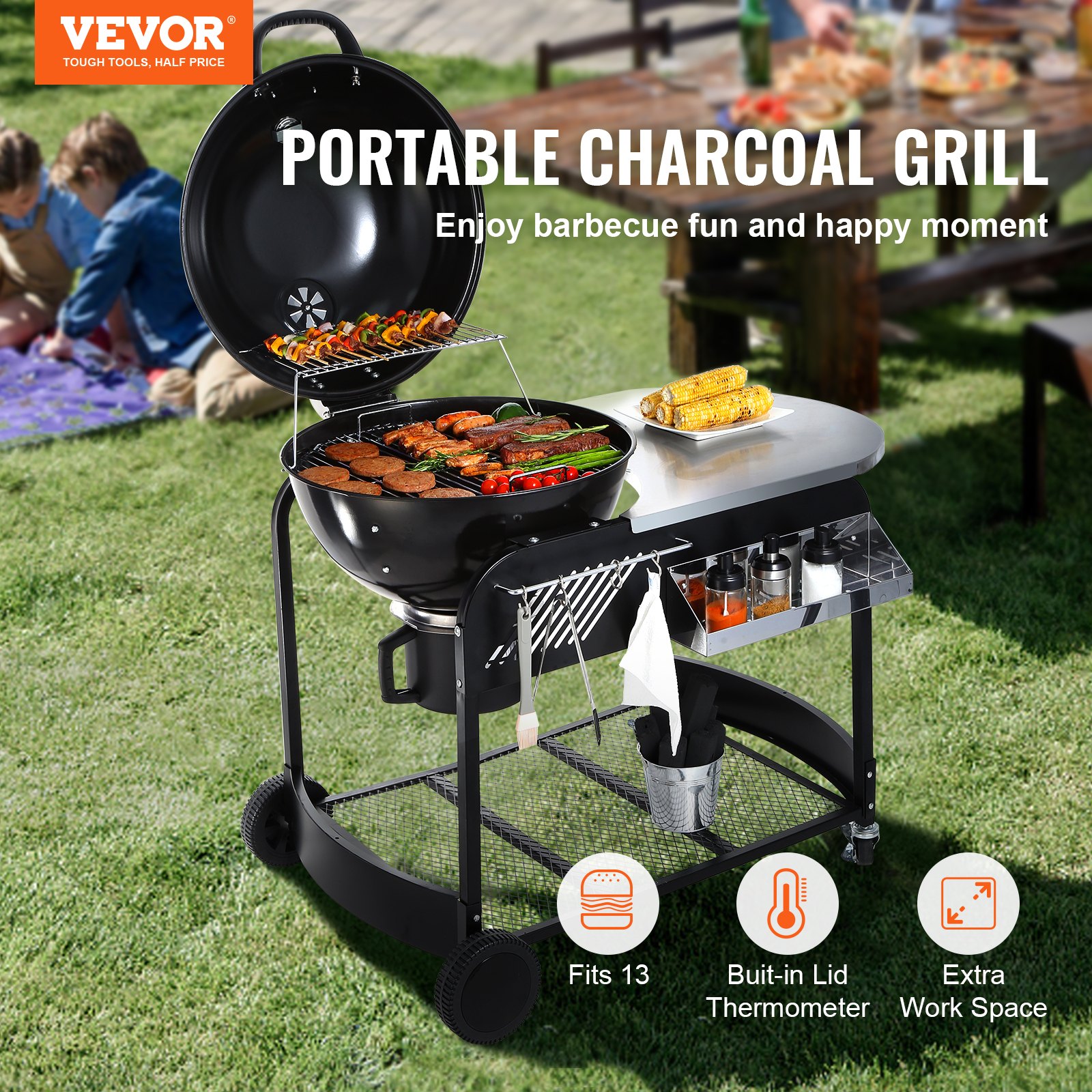 VEVOR Parrilla de Carbón Portátil de 21" Parrillas de Gas Propano con Cubierta y Carro Parrilla de Barbacoa de Hierro Ahumador Independiente para Cocinar al Aire Libre, Camping, Picnic, Patio, Negro