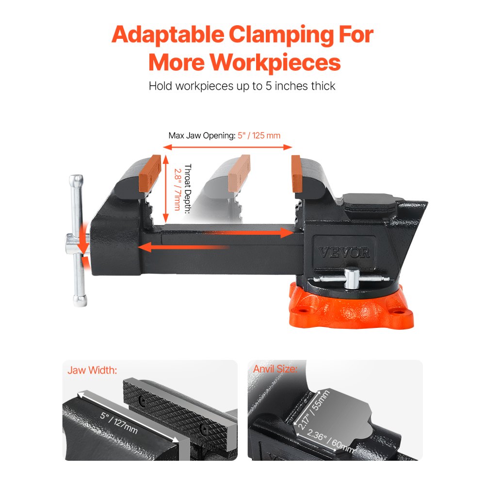 VEVOR Tornillo de Banco con Base de Bloqueo Giratoria de 360° Ancho de Mordaza de 127 mm, Apertura Máxima de 127 mm, Garganta de 71 mm, Tornillo de Banco con Yunque para Sujetar Tubos Redondos