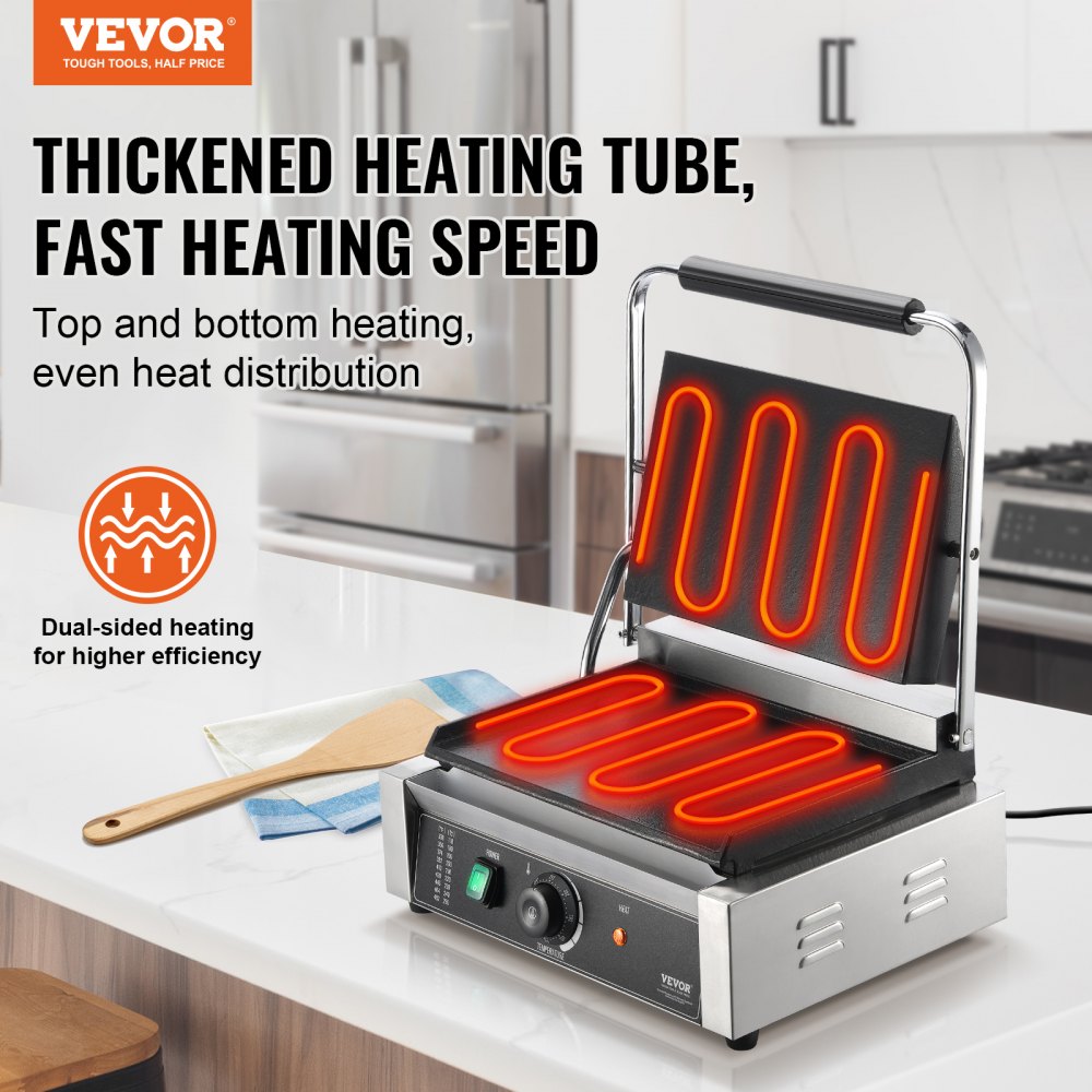 VEVOR Parrilla comercial para panini, 2200 W, para hacer sándwiches y paninis, de acero inoxidable, con control de temperatura y placa de esmalte plana de 14" x 9", para hamburguesas, filetes y tocino