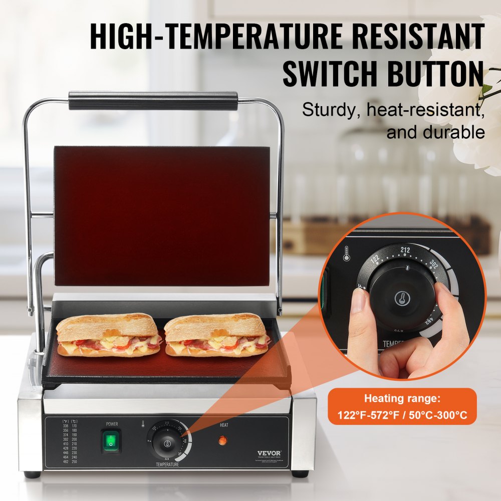 VEVOR Parrilla comercial para panini, 2200 W, para hacer sándwiches y paninis, de acero inoxidable, con control de temperatura y placa de esmalte plana de 14" x 9", para hamburguesas, filetes y tocino