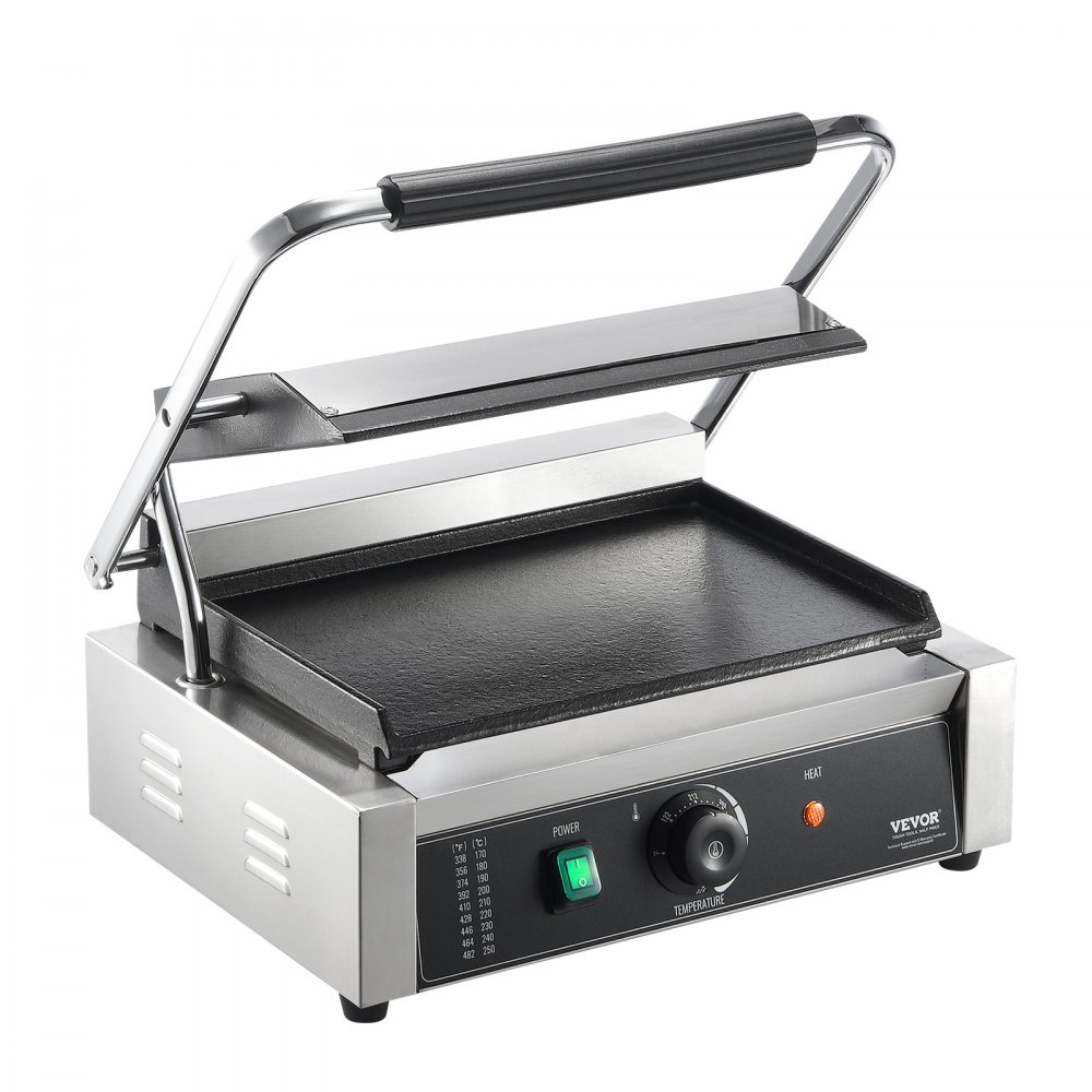 VEVOR Parrilla comercial para panini, 2200 W, para hacer sándwiches y paninis, de acero inoxidable, con control de temperatura y placa de esmalte plana de 14" x 9", para hamburguesas, filetes y tocino