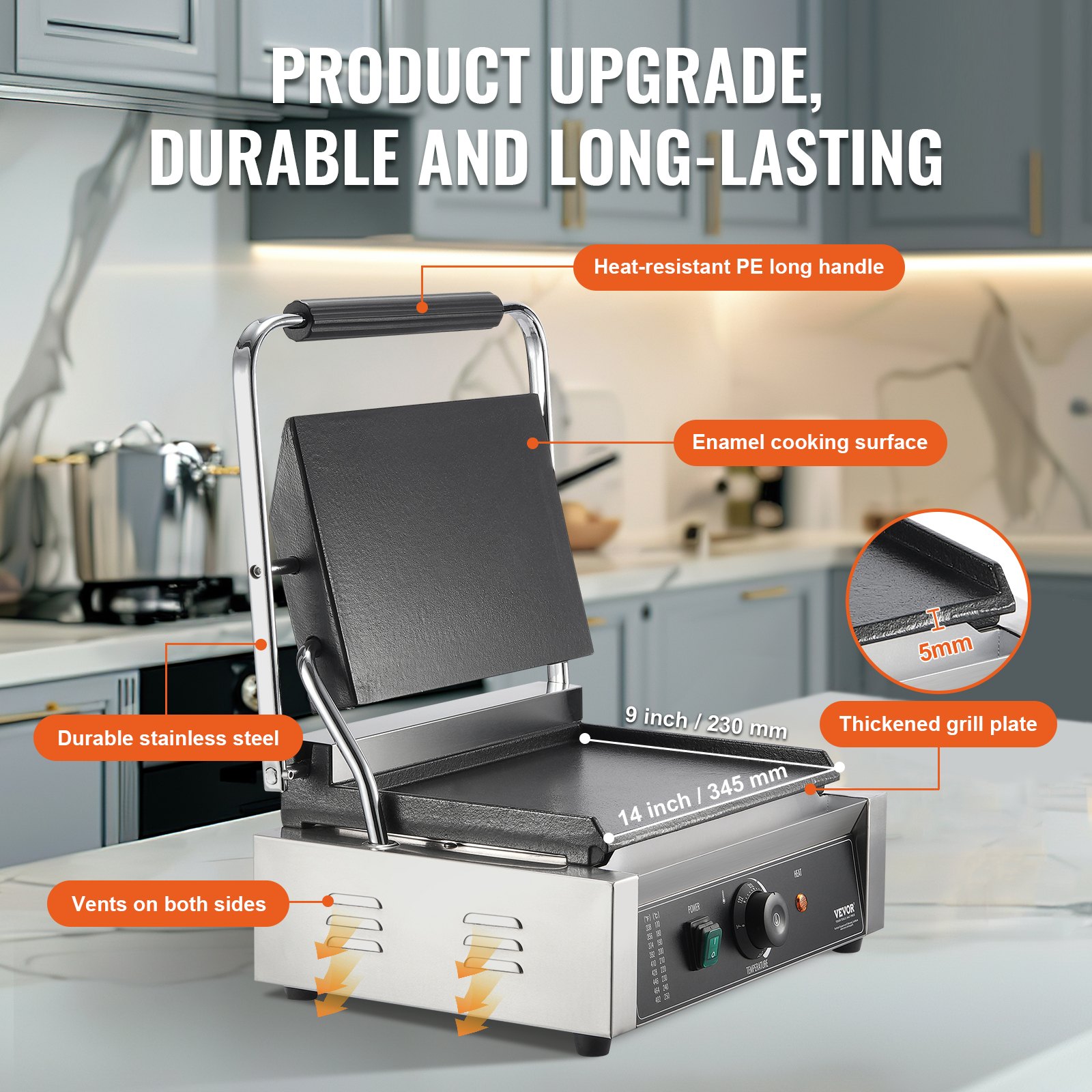 VEVOR Parrilla comercial para panini, 2200 W, para hacer sándwiches y paninis, de acero inoxidable, con control de temperatura y placa de esmalte plana de 14" x 9", para hamburguesas, filetes y tocino