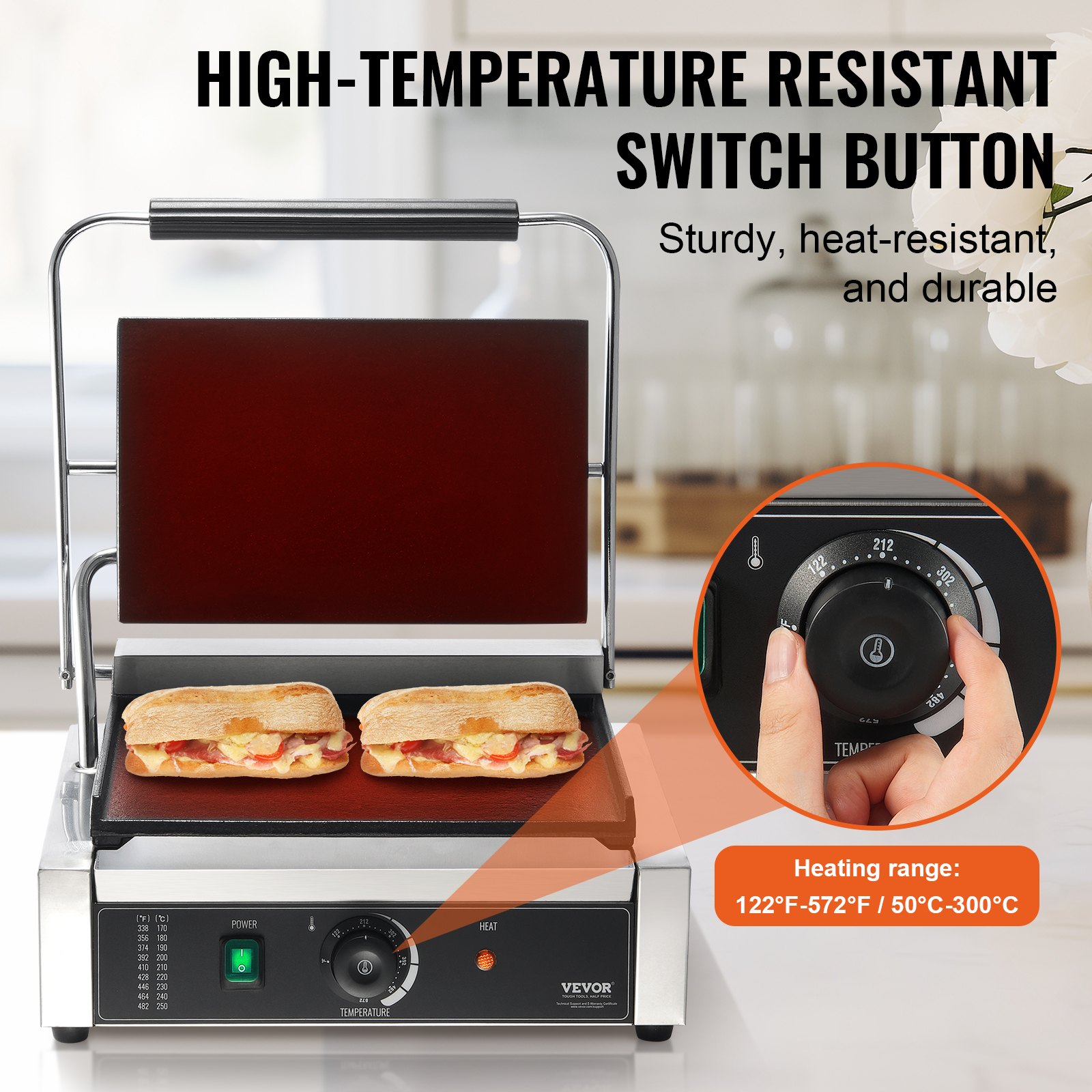 VEVOR Parrilla comercial para panini, 2200 W, para hacer sándwiches y paninis, de acero inoxidable, con control de temperatura y placa de esmalte plana de 14" x 9", para hamburguesas, filetes y tocino
