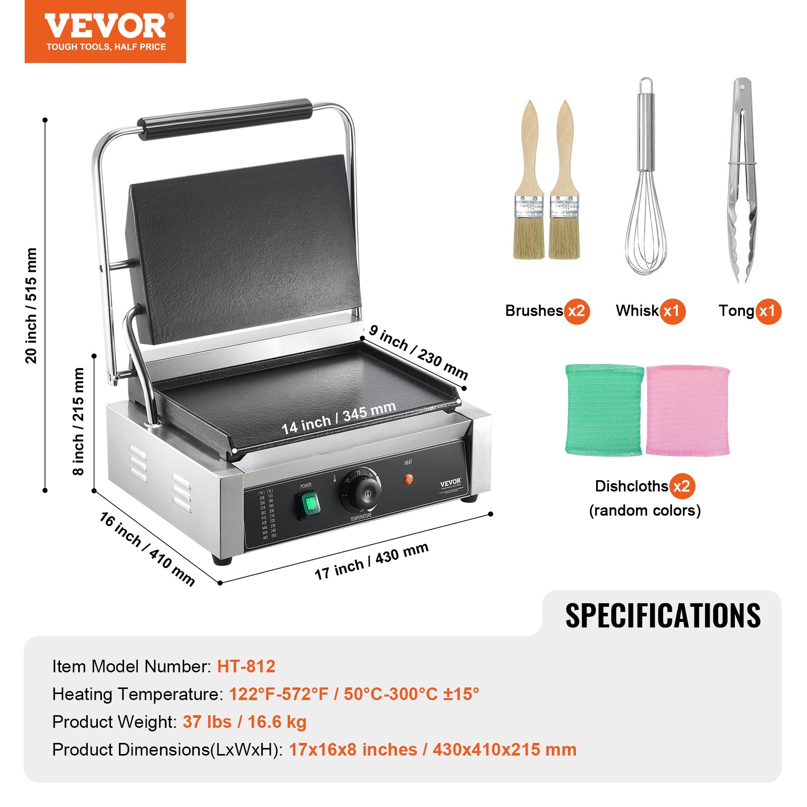 VEVOR Parrilla comercial para panini, 2200 W, para hacer sándwiches y paninis, de acero inoxidable, con control de temperatura y placa de esmalte plana de 14" x 9", para hamburguesas, filetes y tocino