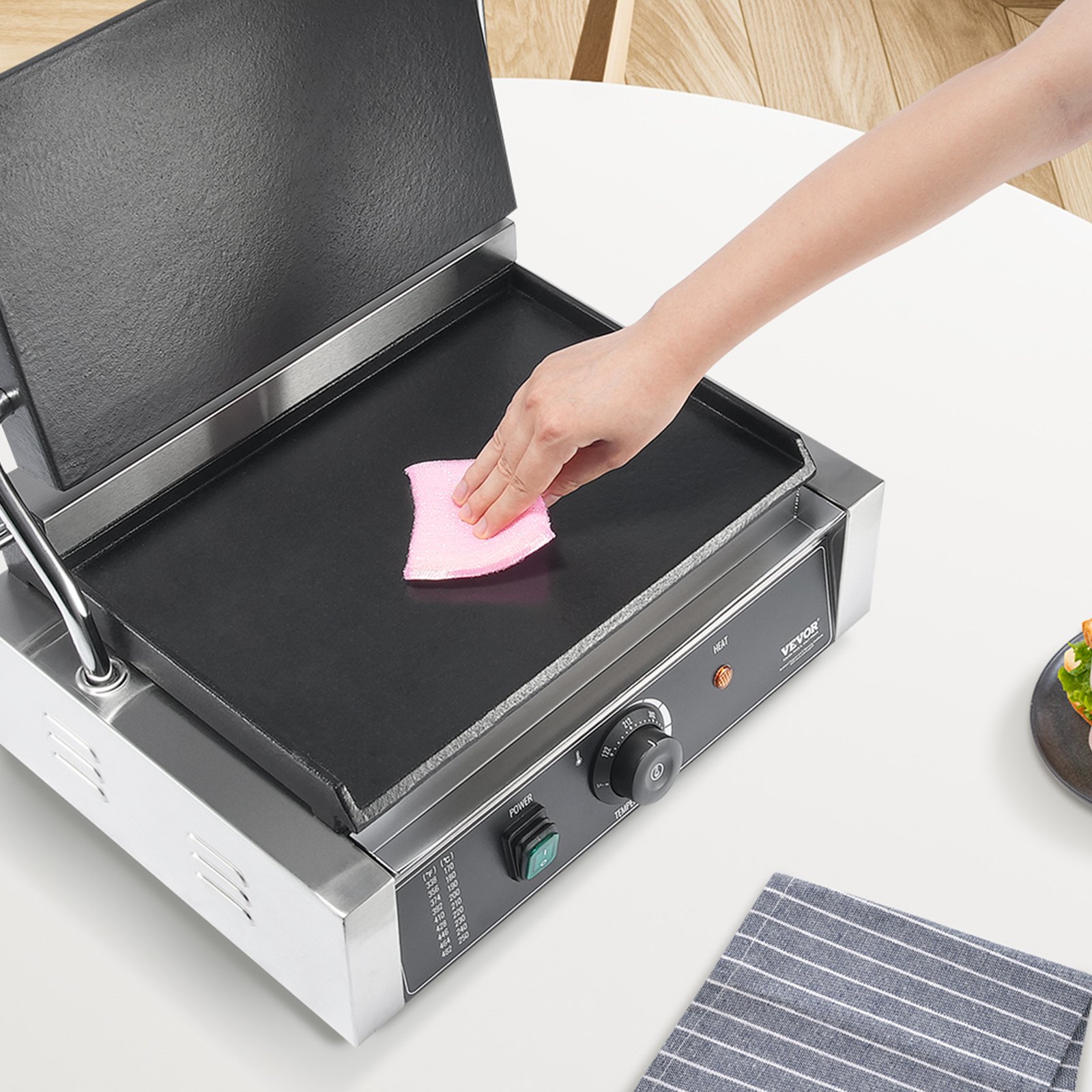 VEVOR Parrilla comercial para panini, 2200 W, para hacer sándwiches y paninis, de acero inoxidable, con control de temperatura y placa de esmalte plana de 14" x 9", para hamburguesas, filetes y tocino