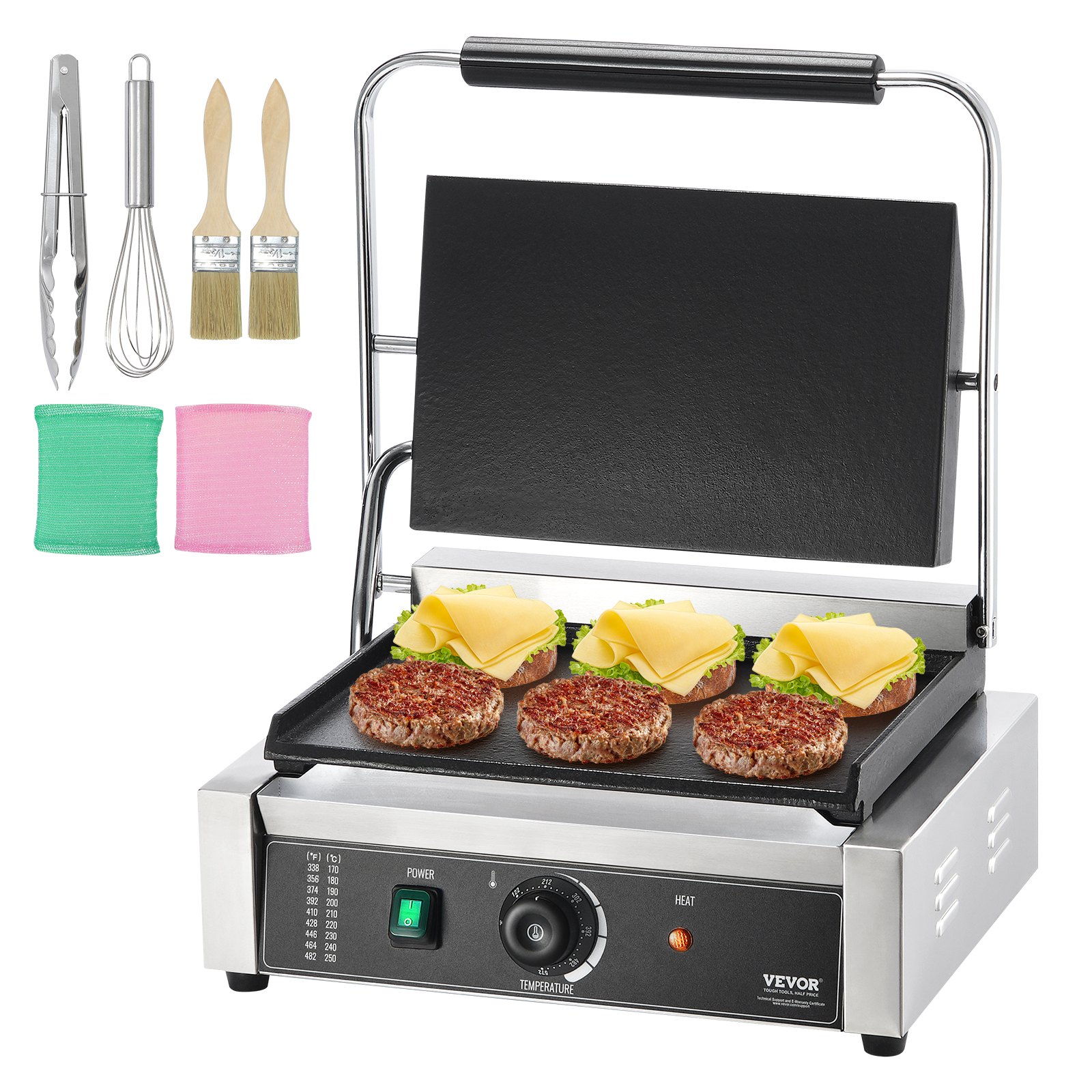 VEVOR Parrilla comercial para panini, 2200 W, para hacer sándwiches y paninis, de acero inoxidable, con control de temperatura y placa de esmalte plana de 14" x 9", para hamburguesas, filetes y tocino