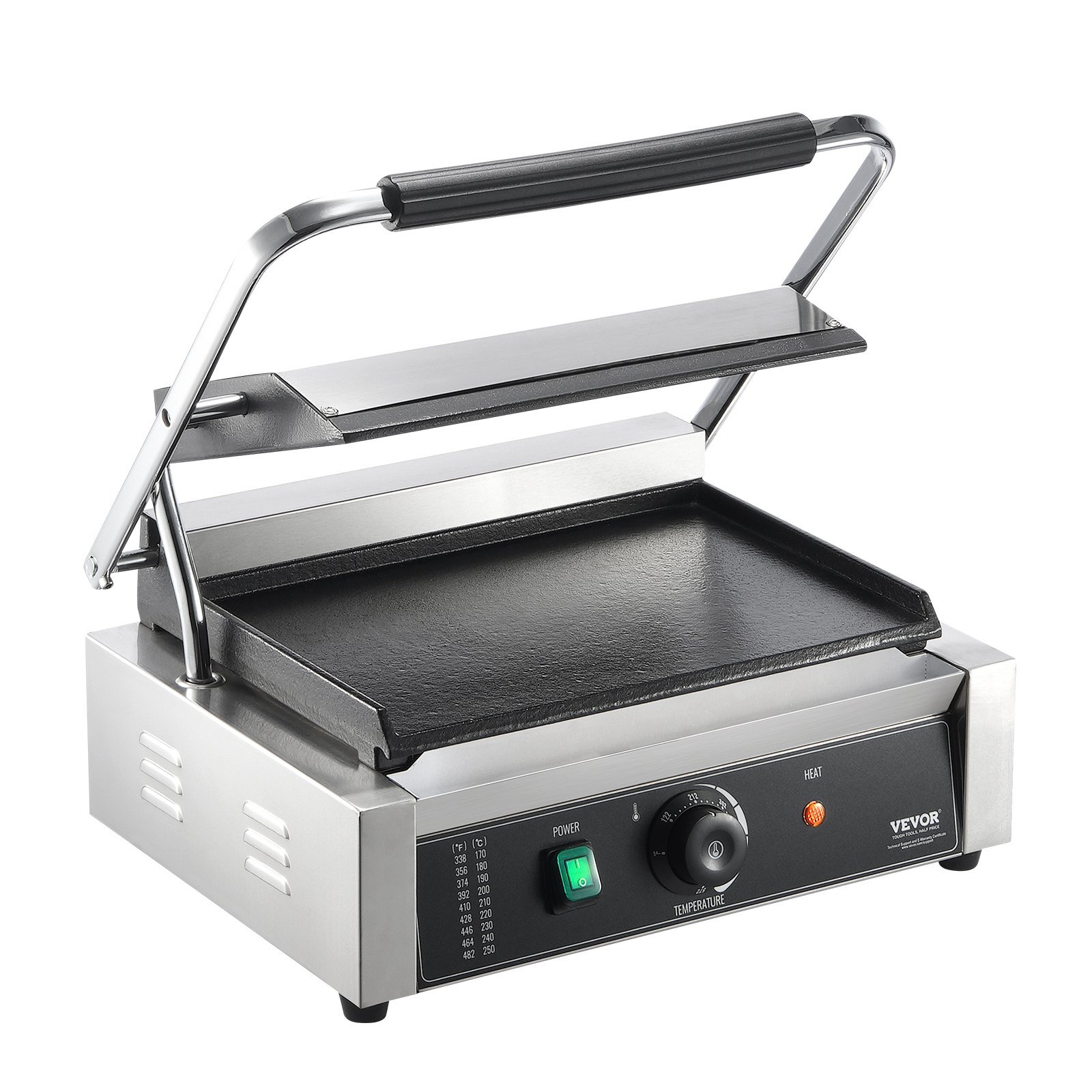 VEVOR Parrilla comercial para panini, 2200 W, para hacer sándwiches y paninis, de acero inoxidable, con control de temperatura y placa de esmalte plana de 14" x 9", para hamburguesas, filetes y tocino