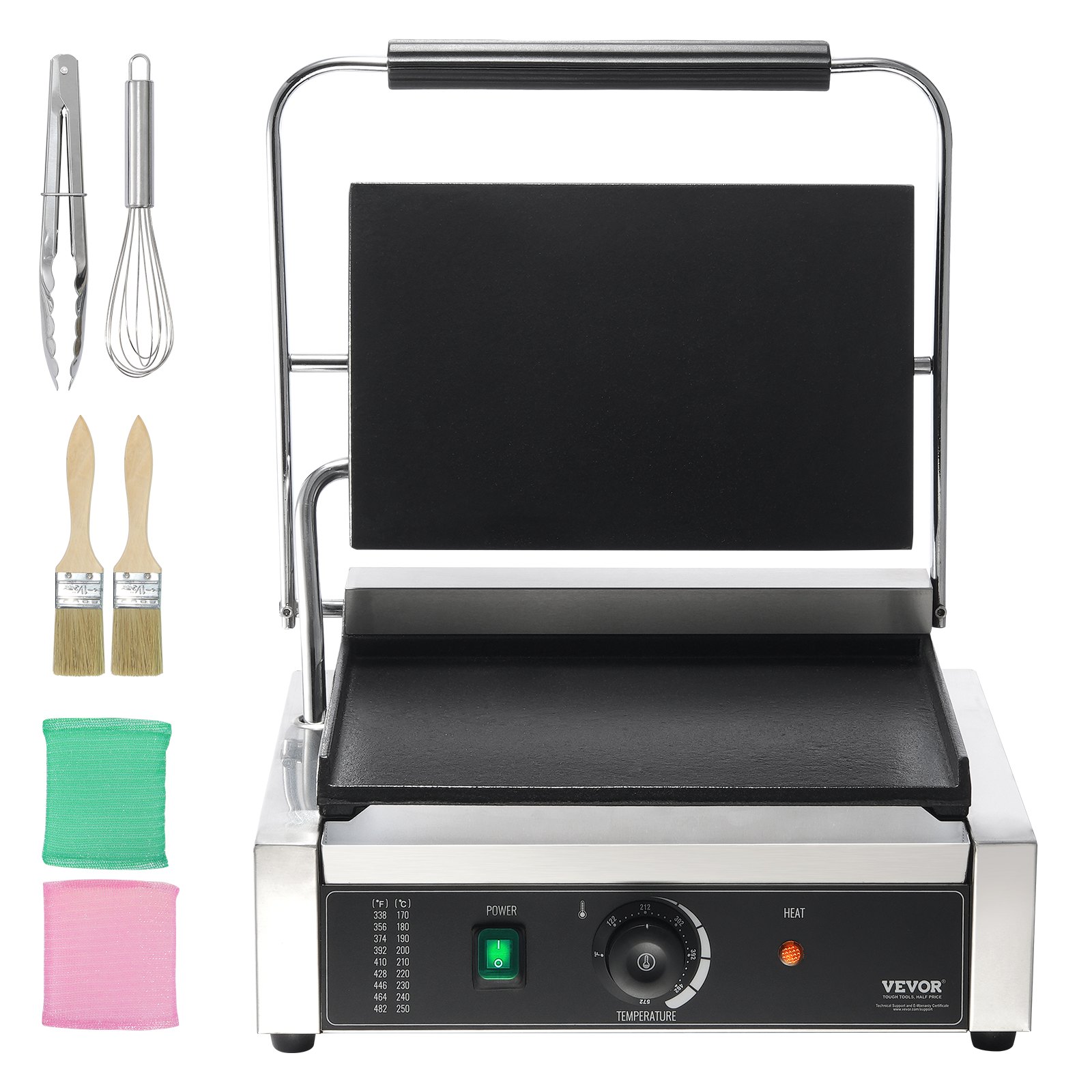 VEVOR Parrilla comercial para panini, 2200 W, para hacer sándwiches y paninis, de acero inoxidable, con control de temperatura y placa de esmalte plana de 14" x 9", para hamburguesas, filetes y tocino