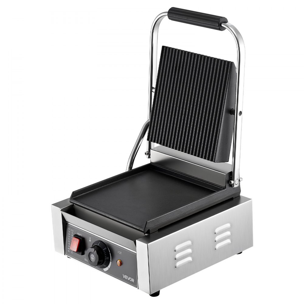 VEVOR Commercial Panini Grill, 1800W Electric Sandwich Panini Maker, Stainless Steel Sandwichs Press Grill with Handle and Temp Control, 22x23 cm Flat Enamel Plate, for Hamburger Steak Bacon