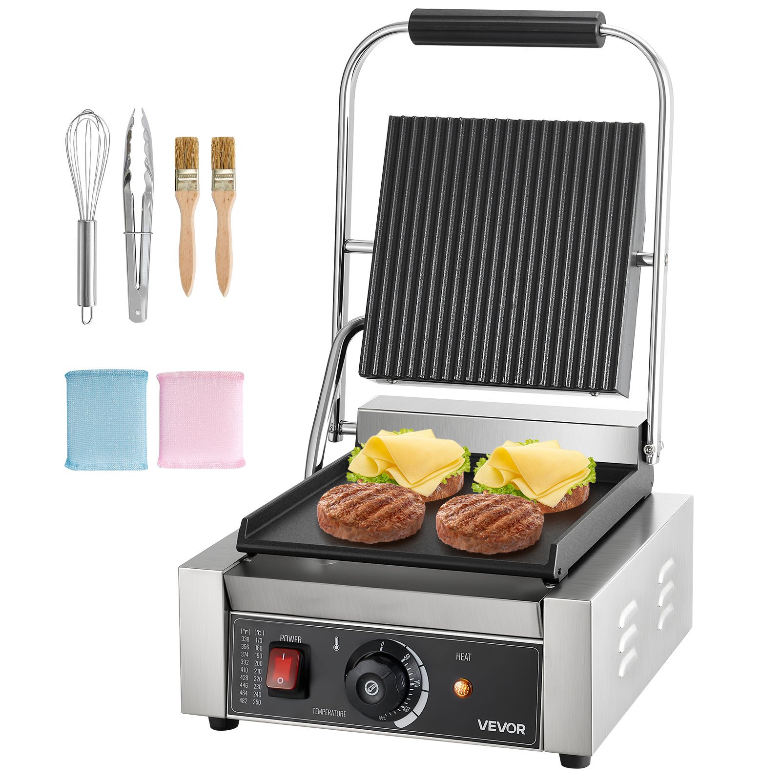 VEVOR Commercial Panini Grill, 1800W Electric Sandwich Panini Maker, Stainless Steel Sandwichs Press Grill with Handle and Temp Control, 22x23 cm Flat Enamel Plate, for Hamburger Steak Bacon