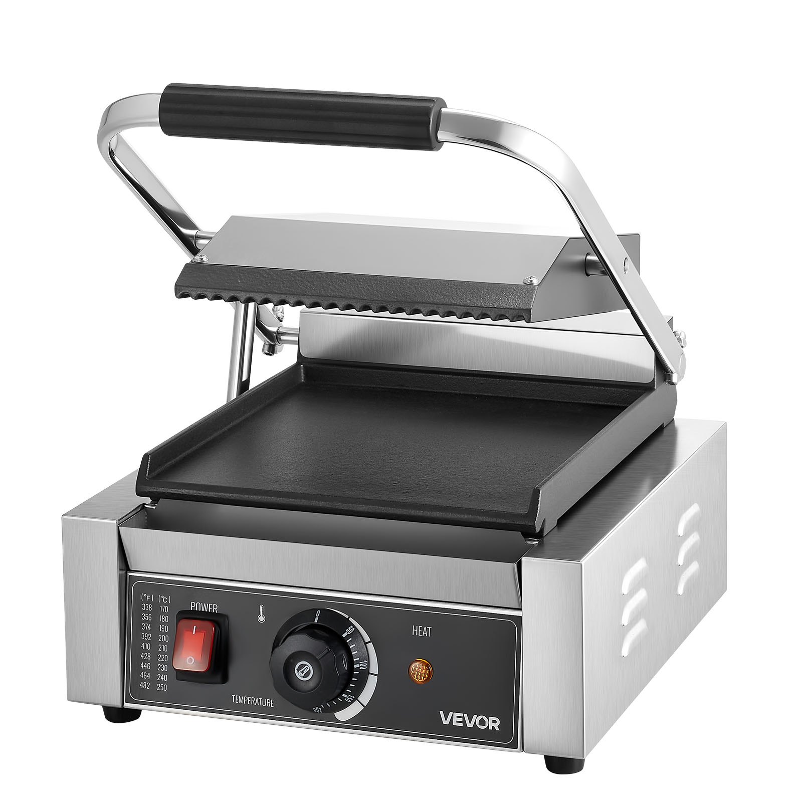 VEVOR Commercial Panini Grill, 1800W Electric Sandwich Panini Maker, Stainless Steel Sandwichs Press Grill with Handle and Temp Control, 22x23 cm Flat Enamel Plate, for Hamburger Steak Bacon
