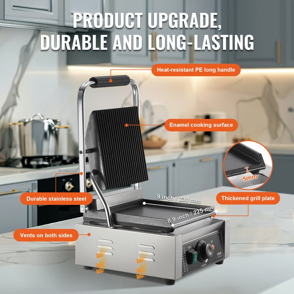 VEVOR Parrilla comercial para panini, máquina eléctrica para hacer sándwiches y paninis de 1800 W, prensa para sándwiches de acero inoxidable, parrilla para paninis con control de temperatura y placa plana esmaltada de 9" x 9", para hamburguesas, filetes y tocino
