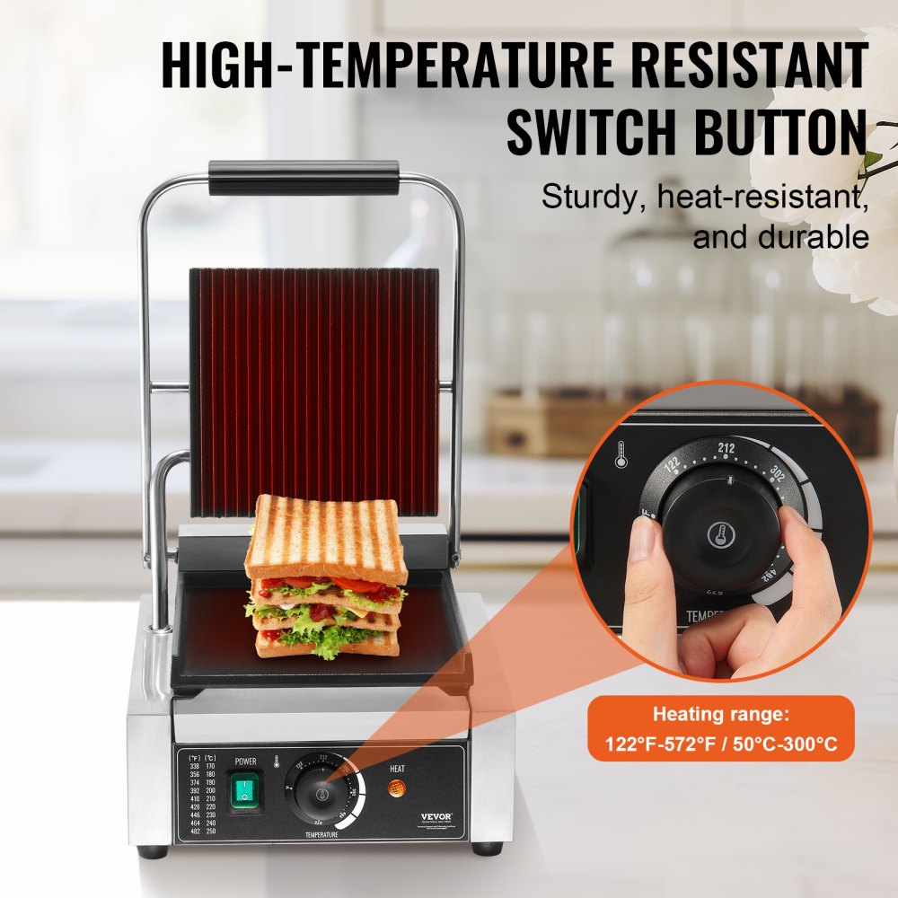 VEVOR Parrilla comercial para panini, máquina eléctrica para hacer sándwiches y paninis de 1800 W, prensa para sándwiches de acero inoxidable, parrilla para paninis con control de temperatura y placa plana esmaltada de 9" x 9", para hamburguesas, filetes y tocino