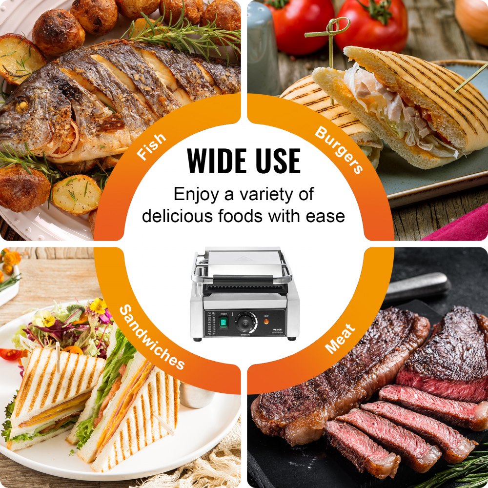 VEVOR Parrilla comercial para panini, máquina eléctrica para hacer sándwiches y paninis de 1800 W, prensa para sándwiches de acero inoxidable, parrilla para paninis con control de temperatura y placa plana esmaltada de 9" x 9", para hamburguesas, filetes y tocino