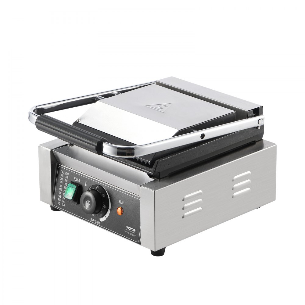 VEVOR Parrilla comercial para panini, máquina eléctrica para hacer sándwiches y paninis de 1800 W, prensa para sándwiches de acero inoxidable, parrilla para paninis con control de temperatura y placa plana esmaltada de 9" x 9", para hamburguesas, filetes y tocino