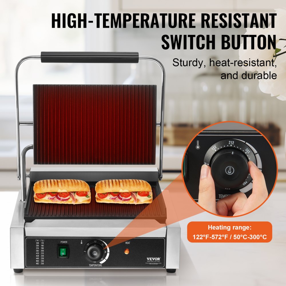 VEVOR Parrilla comercial para panini, máquina eléctrica para hacer sándwiches y paninis de 2200 W, prensa para sándwiches de acero inoxidable, parrilla para paninis con control de temperatura y placa esmaltada con ranuras completas de 14" x 9", para hamburguesas, filetes y tocino