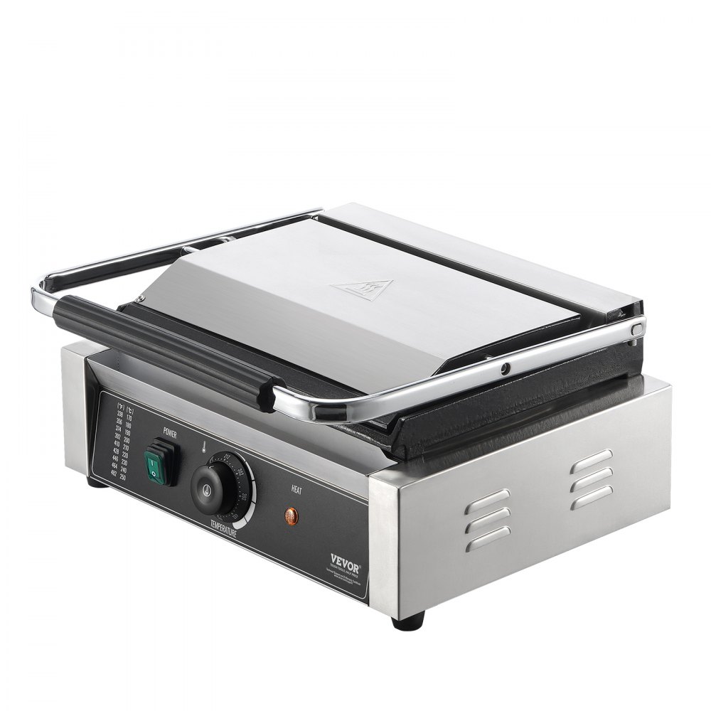 VEVOR Parrilla comercial para panini, máquina eléctrica para hacer sándwiches y paninis de 2200 W, prensa para sándwiches de acero inoxidable, parrilla para paninis con control de temperatura y placa esmaltada con ranuras completas de 14" x 9", para hamburguesas, filetes y tocino