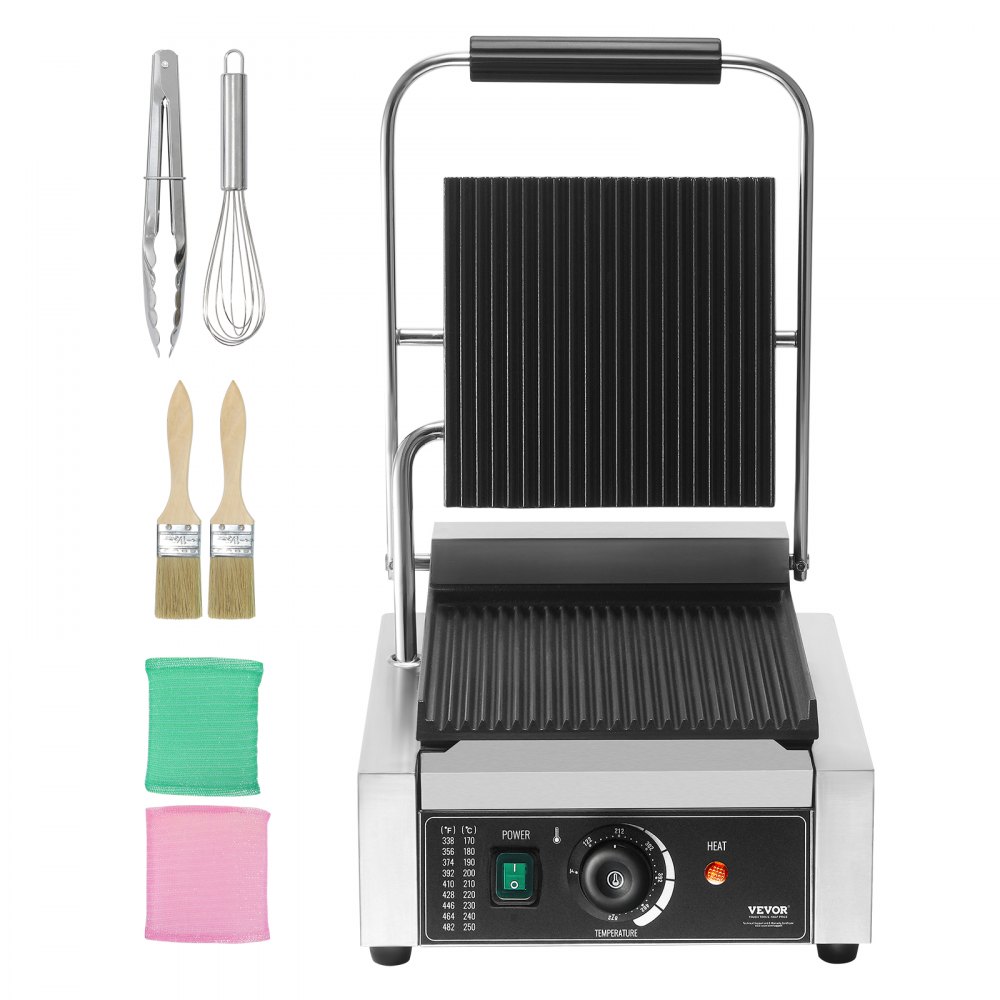 Parrilla comercial para panini VEVOR, máquina eléctrica para hacer sándwiches y paninis de 1800 W, prensa para sándwiches de acero inoxidable, parrilla para paninis con control de temperatura y placa esmaltada con ranuras completas de 9" x 9" para hamburguesas, filetes y tocino
